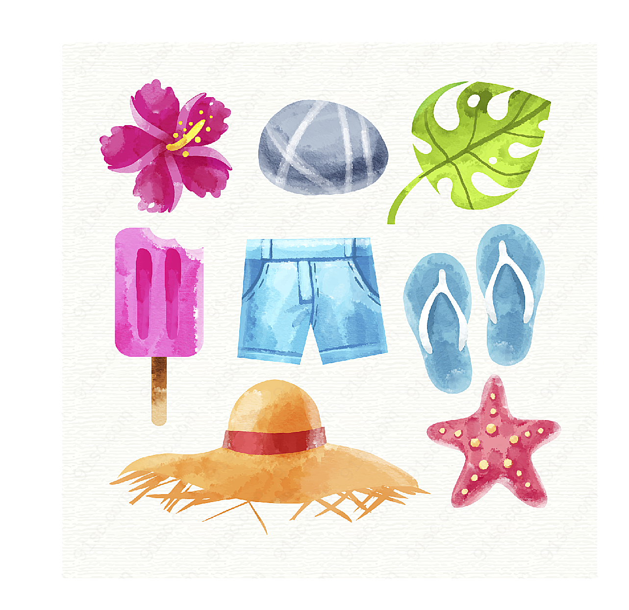 水彩绘夏季假日元素矢量生活用品