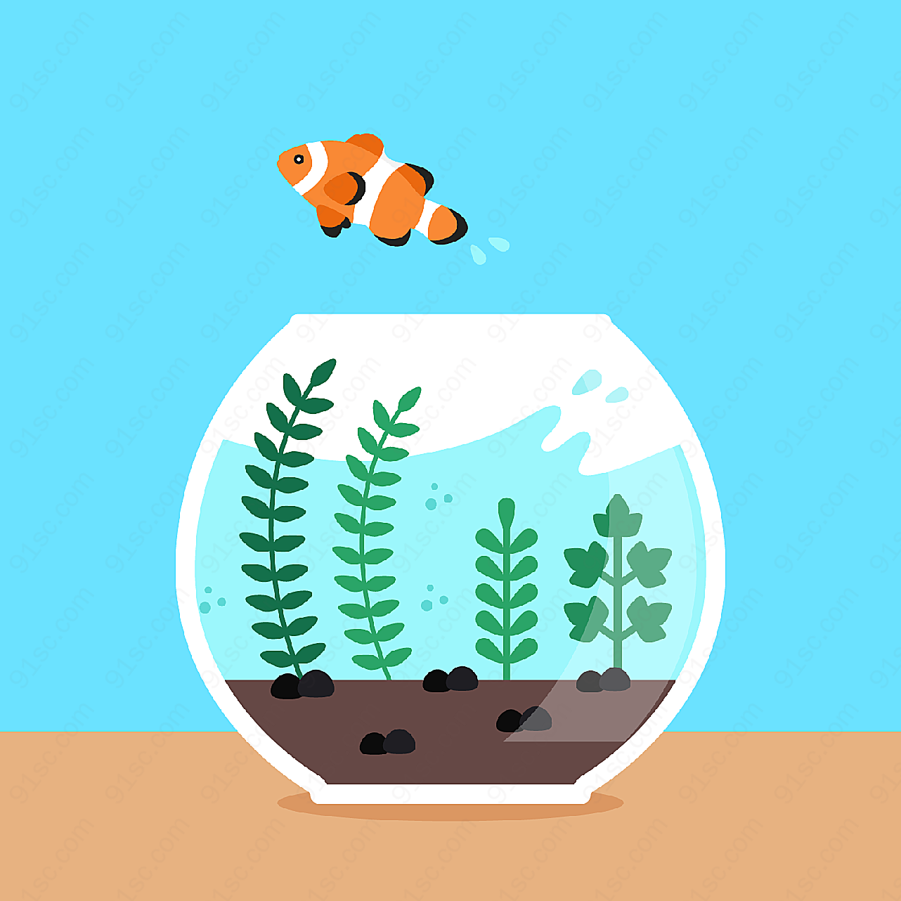 跳出鱼缸的小丑鱼水中生物