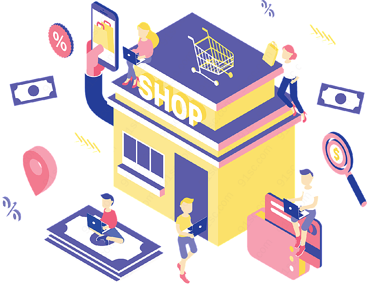 2.5d卡通商店矢量商务金融