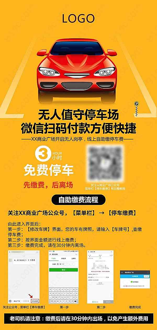 停车场二维码自助缴费流程模板创意概念