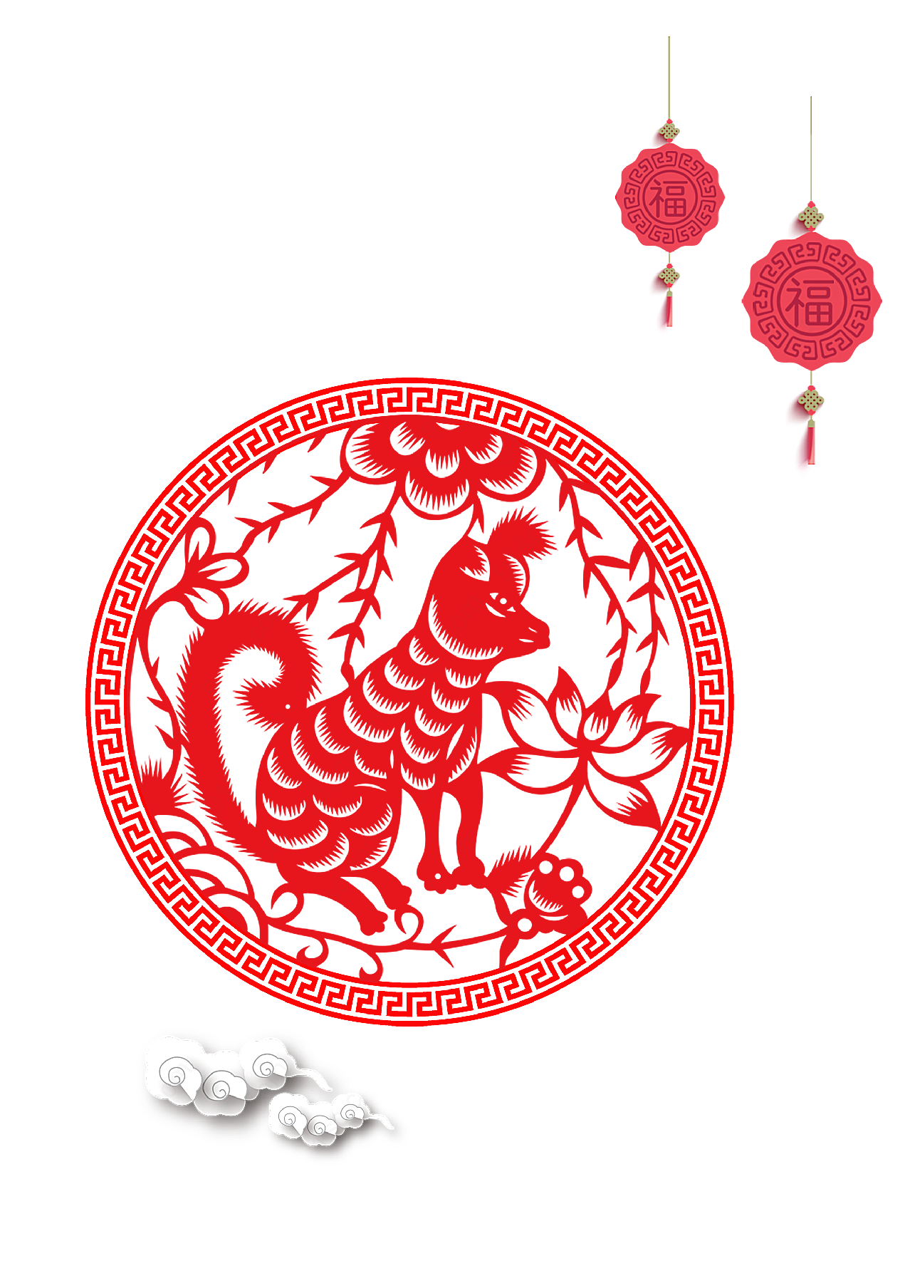 中式狗年剪纸素材元素设计